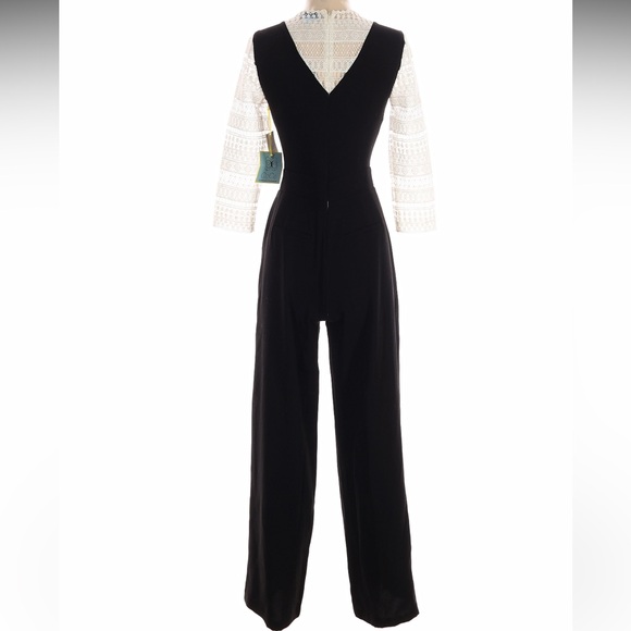 CeCe Black/White V-Neck Wide-Leg Jumpsuit with Lace Sleeves Zipper Back, Women 0 - Picture 2 of 6